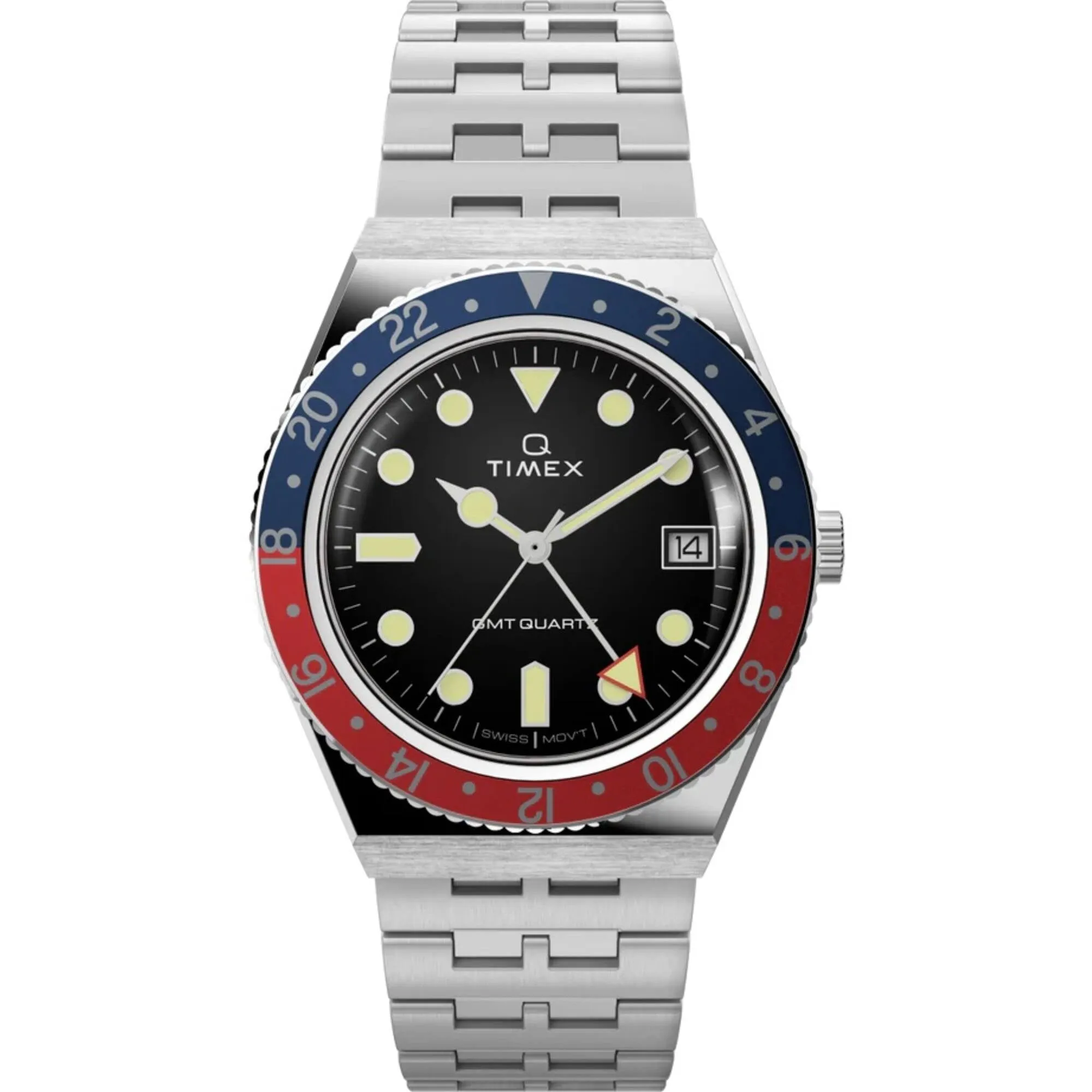 Timex Men's Watch - Q Timex GMT Black Dial Silver Tone Bracelet Quartz | TW2V38000VQ Timex Watches