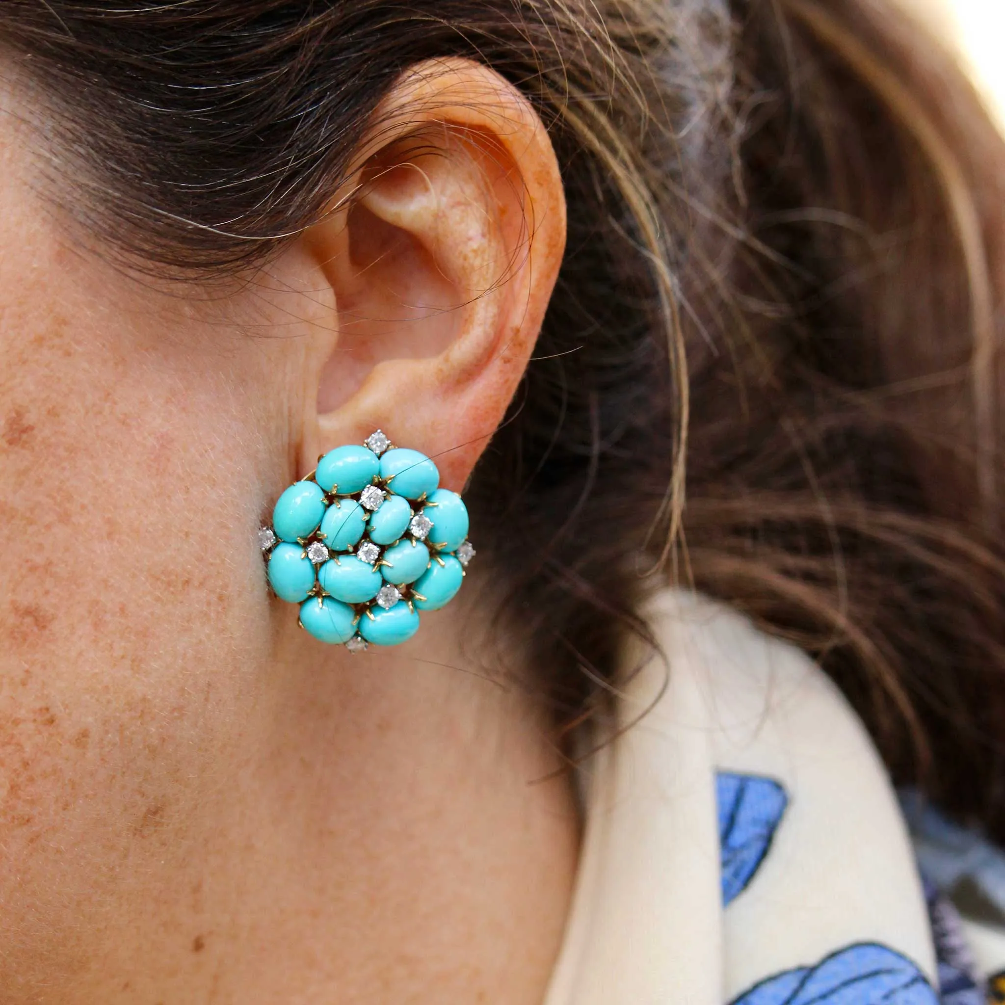 Vintage Turquoise & Diamond 18K Gold Clip-On Earrings